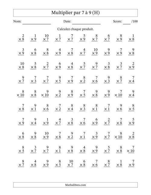 Multiplier (1 à 10) par 7 à 9 (100 Questions) (H)