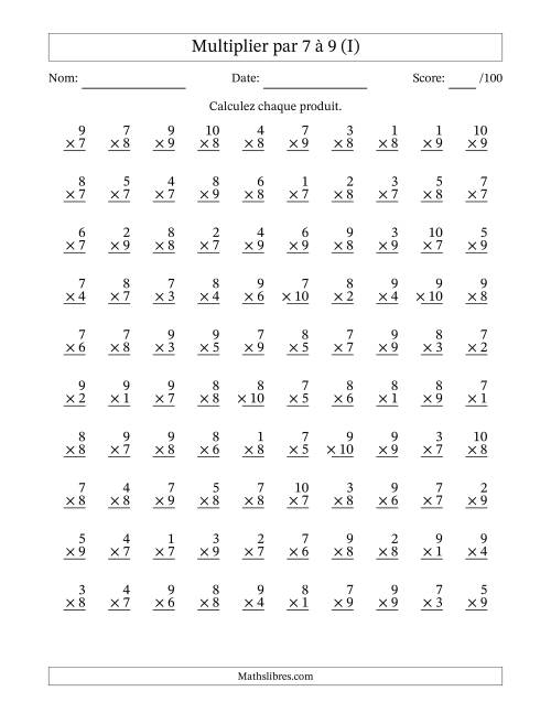 Multiplier (1 à 10) par 7 à 9 (100 Questions) (I)