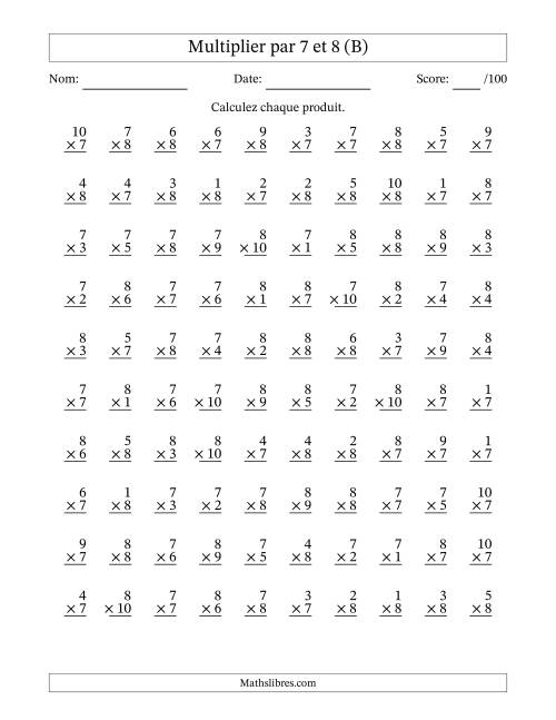 Multiplier (1 à 10) par 7 et 8 (100 Questions) (B)