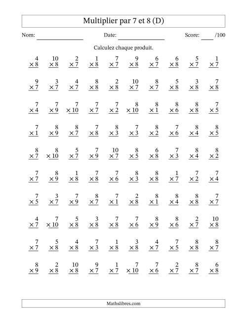 Multiplier (1 à 10) par 7 et 8 (100 Questions) (D)