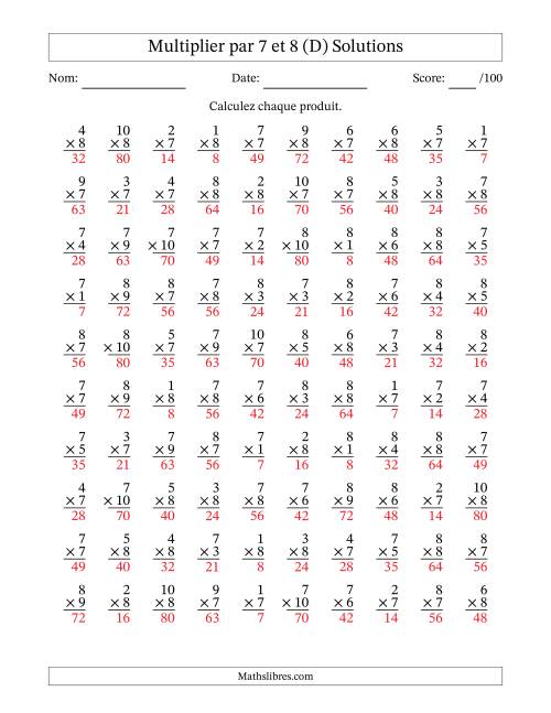 Multiplier (1 à 10) par 7 et 8 (100 Questions) (D) page 2