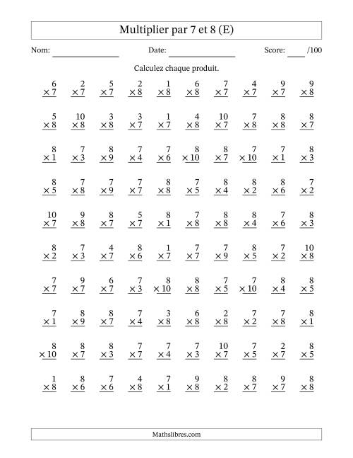 Multiplier (1 à 10) par 7 et 8 (100 Questions) (E)