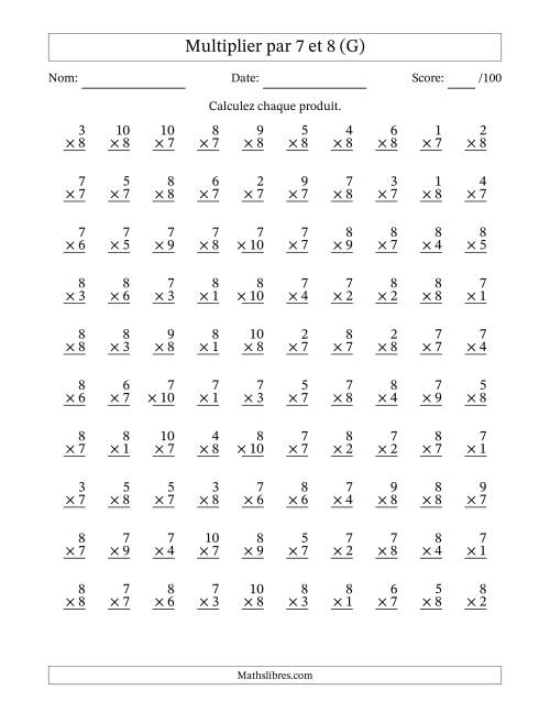 Multiplier (1 à 10) par 7 et 8 (100 Questions) (G)