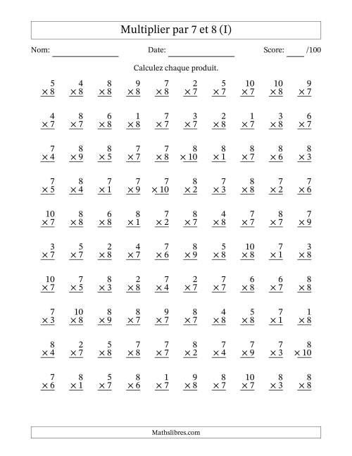 Multiplier (1 à 10) par 7 et 8 (100 Questions) (I)