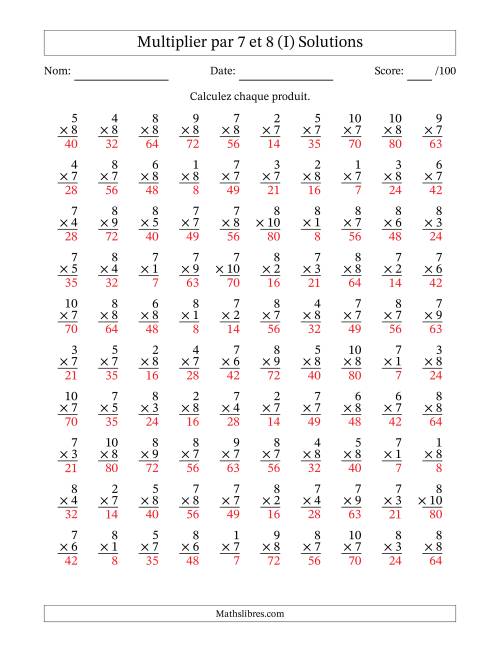 Multiplier (1 à 10) par 7 et 8 (100 Questions) (I) page 2