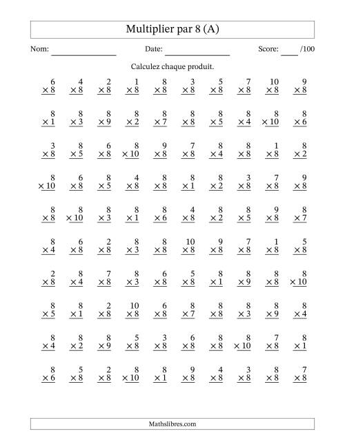 Multiplier (1 à 10) par 8 (100 Questions) (A)