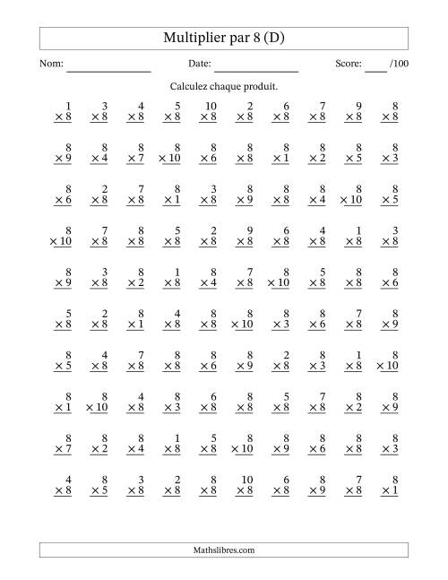 Multiplier (1 à 10) par 8 (100 Questions) (D)