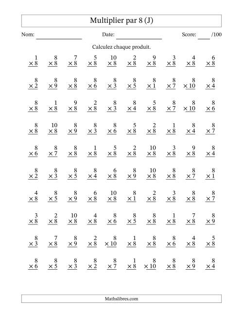 Multiplier (1 à 10) par 8 (100 Questions) (J)