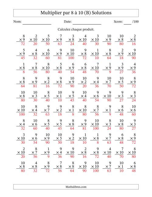 Multiplier (1 à 10) par 8 à 10 (100 Questions) (B) page 2