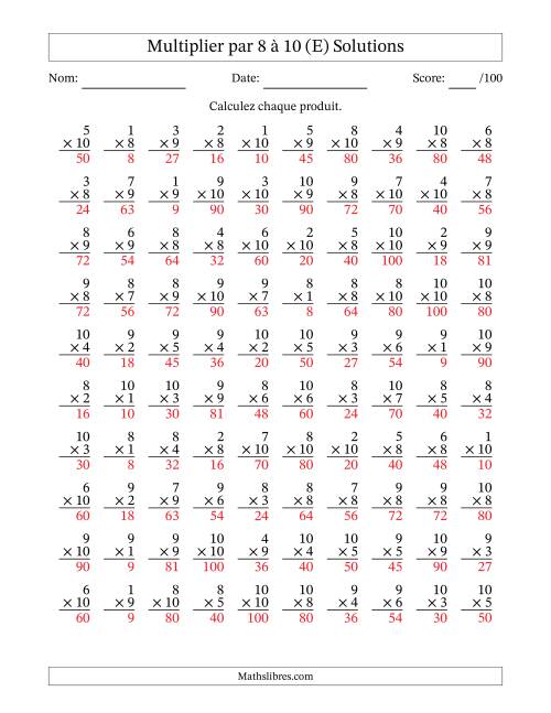 Multiplier (1 à 10) par 8 à 10 (100 Questions) (E) page 2