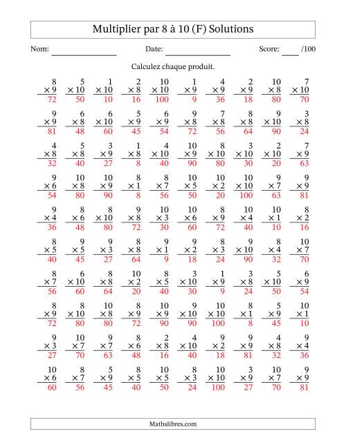 Multiplier (1 à 10) par 8 à 10 (100 Questions) (F) page 2