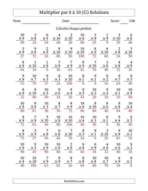 Multiplier (1 à 10) par 8 à 10 (100 Questions) (G) page 2