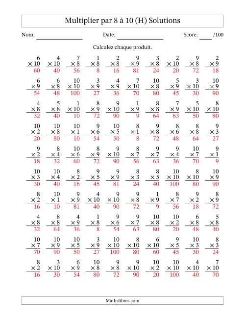 Multiplier (1 à 10) par 8 à 10 (100 Questions) (H) page 2