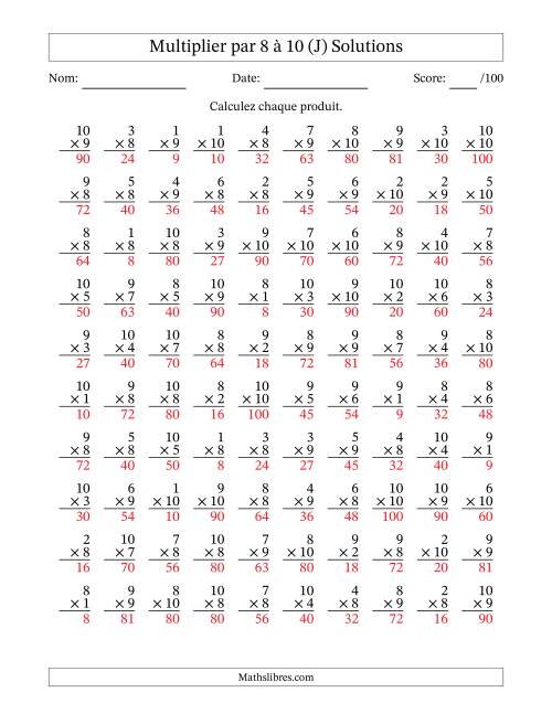 Multiplier (1 à 10) par 8 à 10 (100 Questions) (J) page 2
