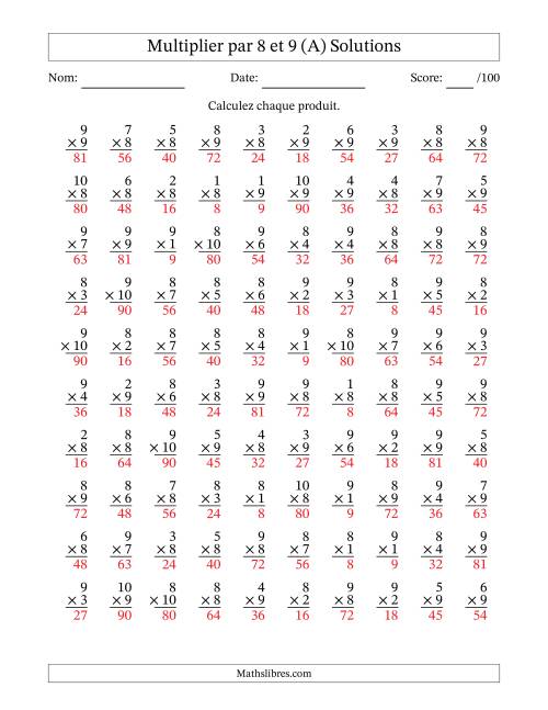 Multiplier (1 à 10) par 8 et 9 (100 Questions) (A) page 2