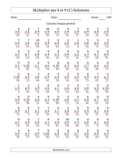 Multiplier (1 à 10) par 8 et 9 (100 Questions) (C) page 2