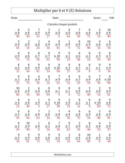 Multiplier (1 à 10) par 8 et 9 (100 Questions) (E) page 2