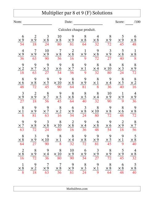 Multiplier (1 à 10) par 8 et 9 (100 Questions) (F) page 2