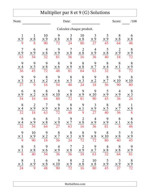 Multiplier (1 à 10) par 8 et 9 (100 Questions) (G) page 2
