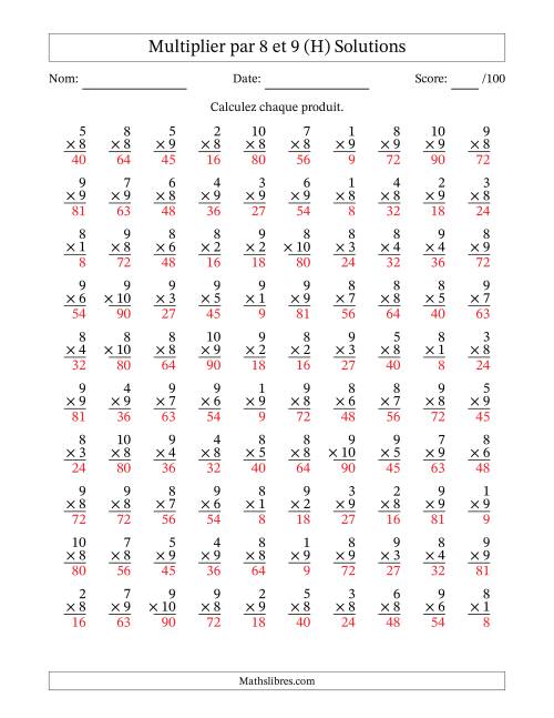 Multiplier (1 à 10) par 8 et 9 (100 Questions) (H) page 2