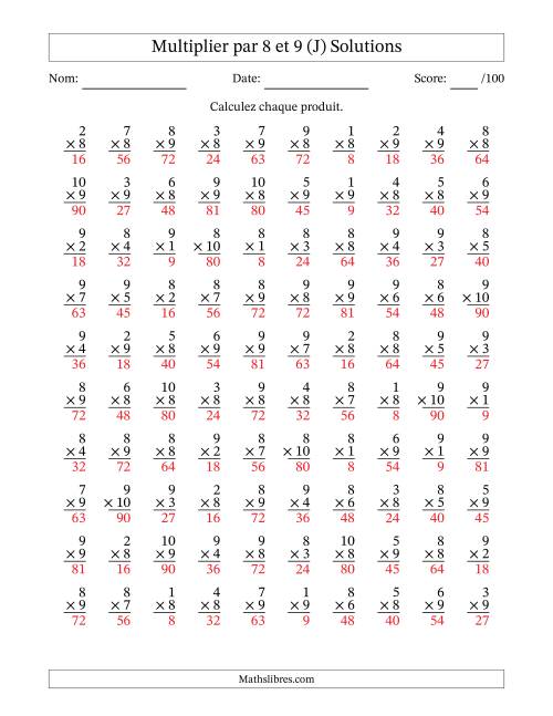 Multiplier (1 à 10) par 8 et 9 (100 Questions) (J) page 2