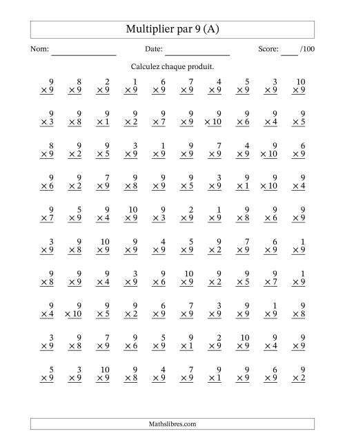 Multiplier (1 à 10) par 9 (100 Questions) (A)
