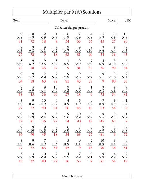Multiplier (1 à 10) par 9 (100 Questions) (A) page 2