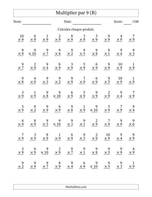 Multiplier (1 à 10) par 9 (100 Questions) (B)