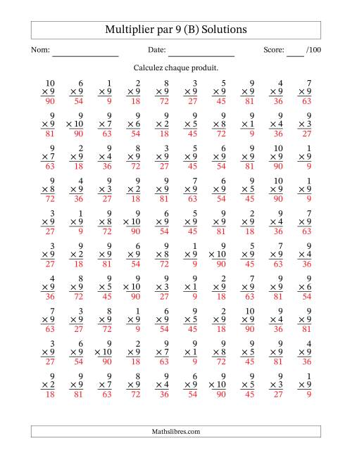 Multiplier (1 à 10) par 9 (100 Questions) (B) page 2