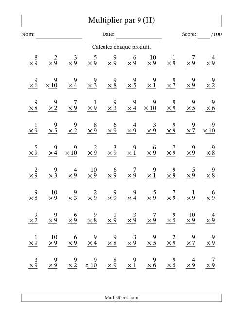 Multiplier (1 à 10) par 9 (100 Questions) (H)