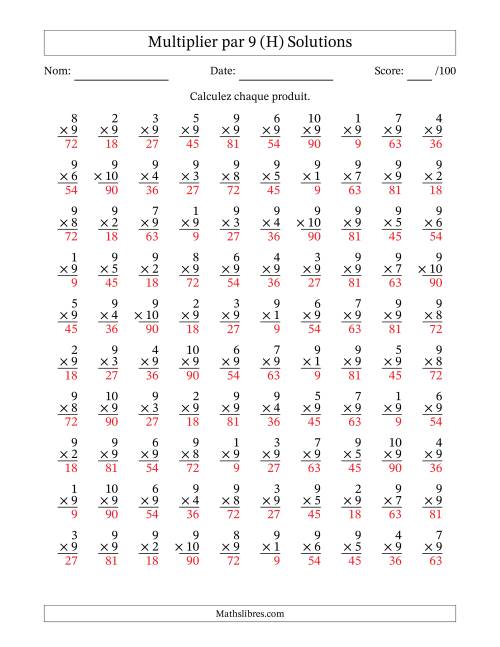 Multiplier (1 à 10) par 9 (100 Questions) (H) page 2