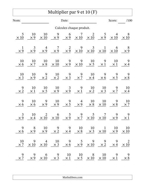 Multiplier (1 à 10) par 9 et 10 (100 Questions) (F)