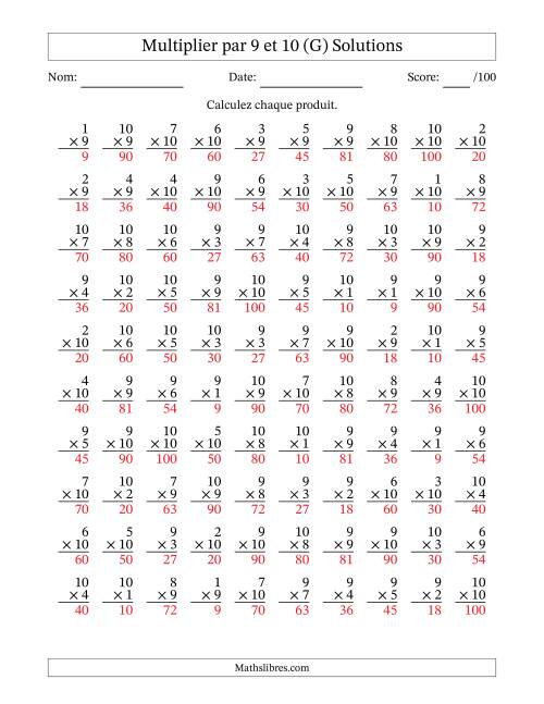 Multiplier (1 à 10) par 9 et 10 (100 Questions) (G) page 2
