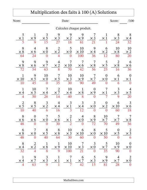 Multiplication des faits à 100 (100 Questions) (Avec zéros) (A) page 2