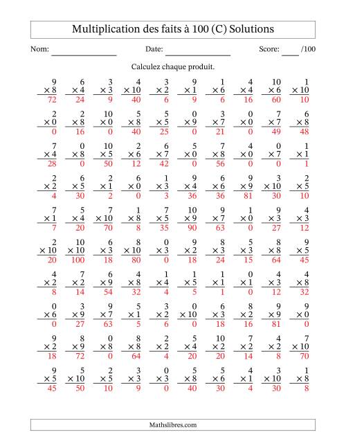 Multiplication des faits à 100 (100 Questions) (Avec zéros) (C) page 2