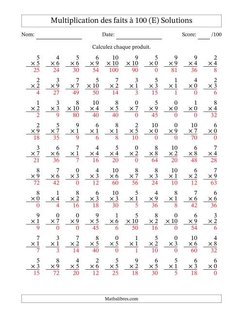 Multiplication des faits à 100 (100 Questions) (Avec zéros) (E) page 2