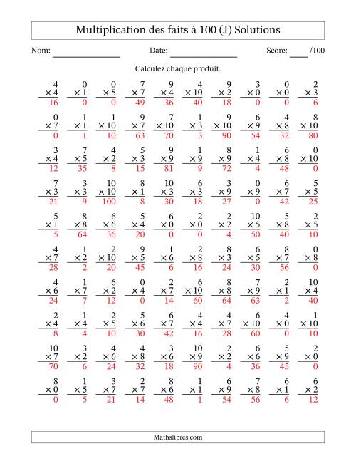 Multiplication des faits à 100 (100 Questions) (Avec zéros) (J) page 2
