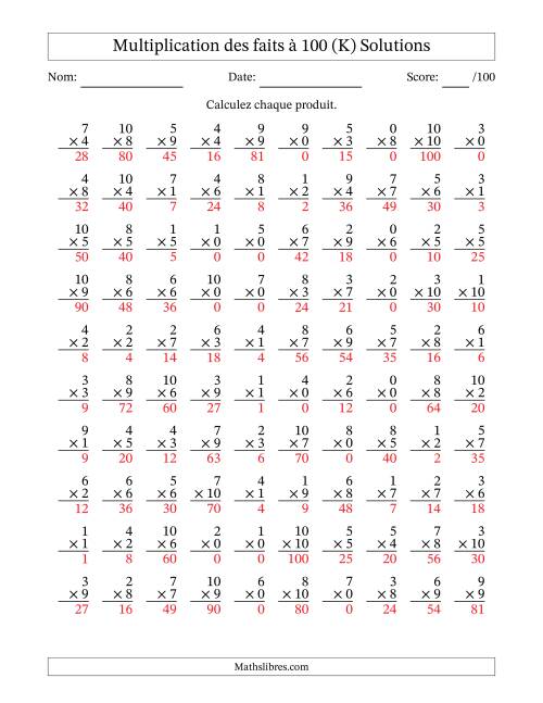 Multiplication des faits à 100 (100 Questions) (Avec zéros) (K) page 2