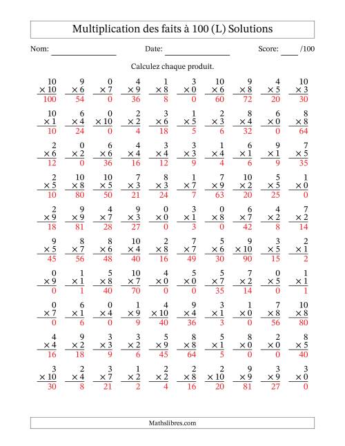Multiplication des faits à 100 (100 Questions) (Avec zéros) (L) page 2