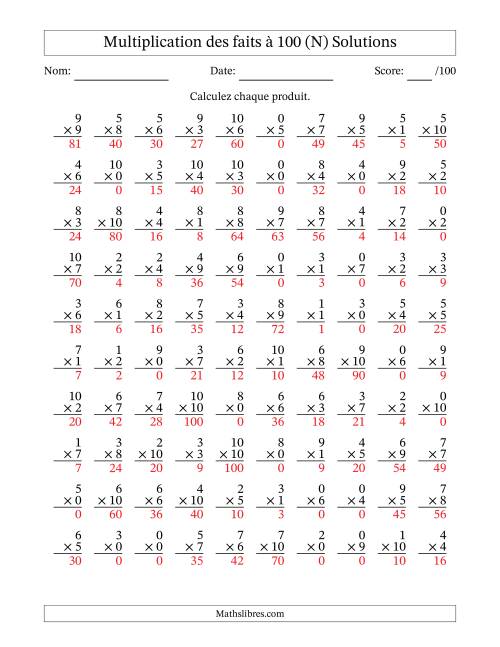 Multiplication des faits à 100 (100 Questions) (Avec zéros) (N) page 2