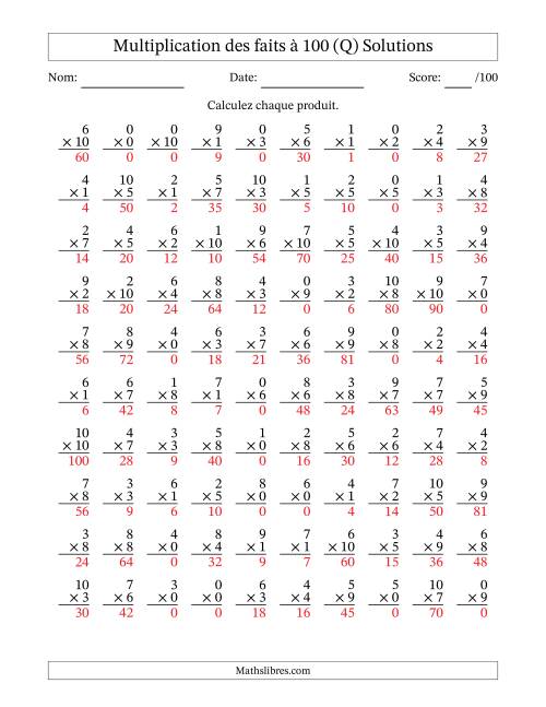 Multiplication des faits à 100 (100 Questions) (Avec zéros) (Q) page 2