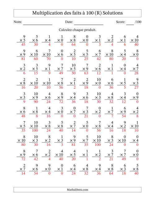 Multiplication des faits à 100 (100 Questions) (Avec zéros) (R) page 2