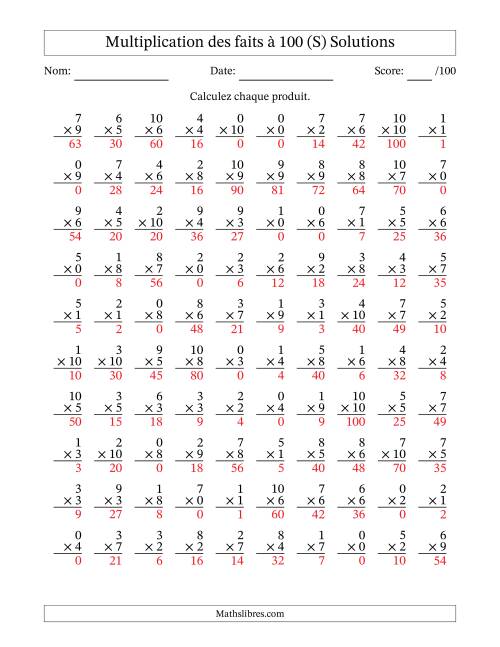 Multiplication des faits à 100 (100 Questions) (Avec zéros) (S) page 2