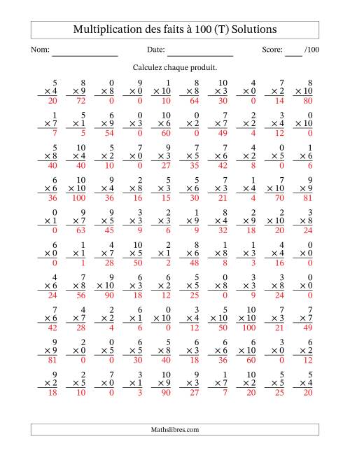 Multiplication des faits à 100 (100 Questions) (Avec zéros) (T) page 2