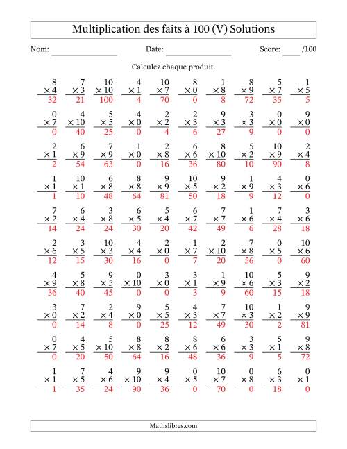 Multiplication des faits à 100 (100 Questions) (Avec zéros) (V) page 2