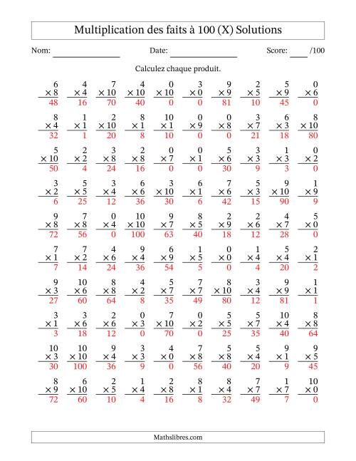 Multiplication des faits à 100 (100 Questions) (Avec zéros) (X) page 2
