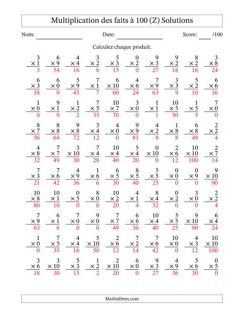 Multiplication des faits à 100 (100 Questions) (Avec zéros) (Z) page 2