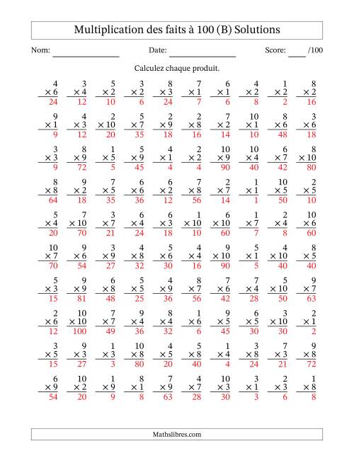 Multiplication des faits à 100 (100 Questions) (Pas de zéros) (B) page 2