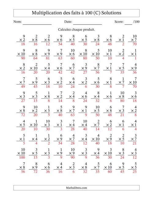 Multiplication des faits à 100 (100 Questions) (Pas de zéros) (C) page 2