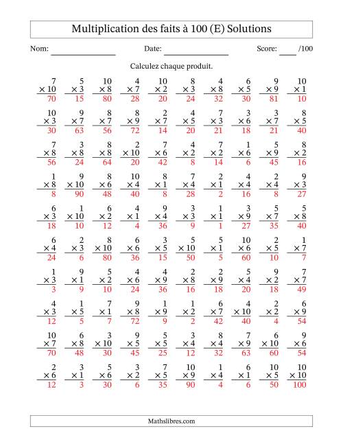 Multiplication des faits à 100 (100 Questions) (Pas de zéros) (E) page 2